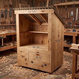 May include: A wooden cabinet with a corrugated metal roof. The cabinet has a drawer and a shelf. Measurements are 131.4 cm wide, 179.1 cm high, 122.6 cm deep, and the drawer is 123.2 cm wide. The cabinet is made of light brown wood.