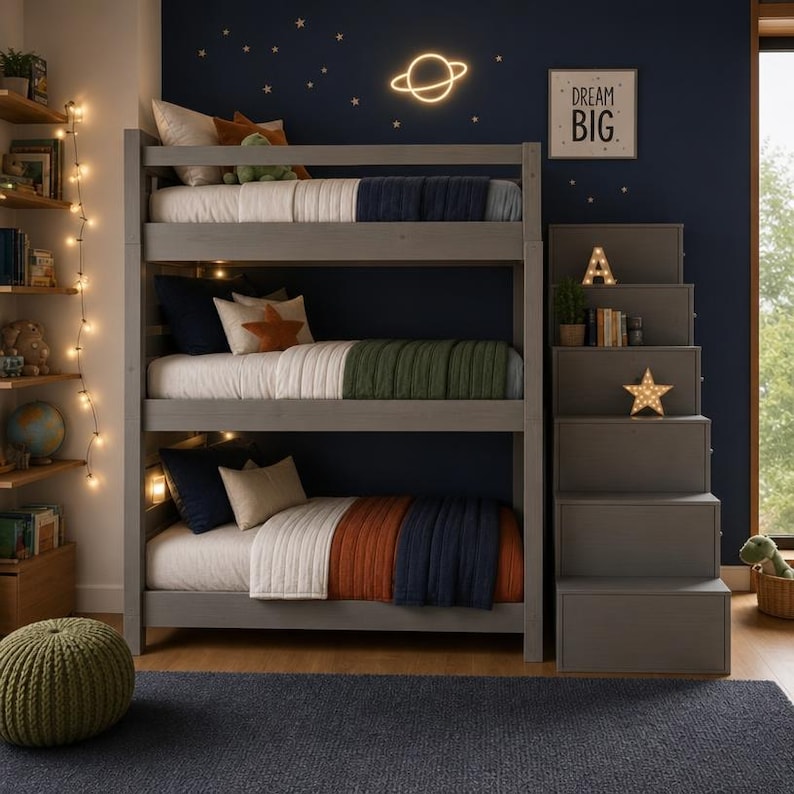 DIY DIY Triple Bunk Bed Plans PDF, 3 Tier Bunk Bed with Storage Stairs, Wooden Loft Bed Blueprint for Kids & Adults, Digital Download Woodworking Blueprint - Step-by-Step Plan thumbnail 1
