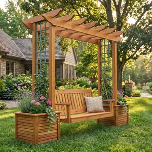 Può includere: Una panchina a dondolo da giardino in legno con seduta e schienale a doghe, sospesa tramite catene metalliche a una struttura a pergola. La struttura include due fioriere quadrate con pannelli a griglia verdi e un cuscino beige.