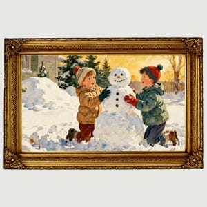 May include: A framed print depicts two children building a snowman in a snowy winter scene. The children, dressed in winter coats and hats, are placing coal and buttons on the snowman. The artwork is set in a gold ornate frame.