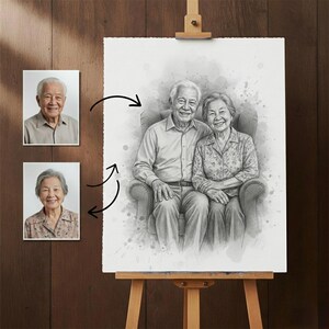 May include: A pencil sketch portrait of an elderly couple seated together in a chair, with two smaller portrait photos of the individuals on the left. The artwork is displayed on an easel against a wooden background.