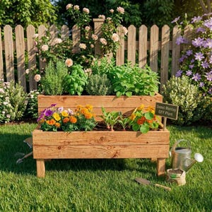 Op de afbeelding: Een houten plantenbak met twee niveaus, gevuld met kruiden en bloemen. De bovenste laag bevat groene kruiden, terwijl de onderste laag kleurrijke bloemen toont. Een klein bordje leest "Seeet Manlay GFY Plant". De plantenbak staat op een gazon.