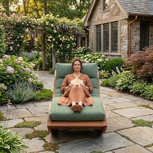 May include: A wooden lounge chair with a thick, sage green upholstered cushion, featuring a curved frame and a high backrest, positioned on a stone patio in a garden setting with blooming flowers and a stone house in the background.
