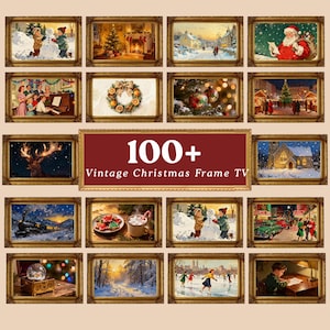 May include: A collection of framed vintage Christmas art prints. The frames are gold-colored. The central frame has the text "100+ Vintage Christmas Frame TV" in white on a maroon background. The other frames depict winter scenes, Santa Claus, and Christmas decorations.