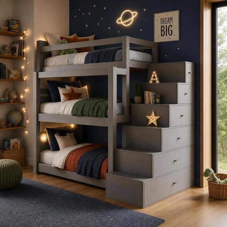 DIY DIY Triple Bunk Bed Plans PDF, 3 Tier Bunk Bed with Storage Stairs, Wooden Loft Bed Blueprint for Kids & Adults, Digital Download Woodworking Blueprint - Step-by-Step Plan thumbnail 4