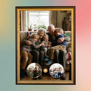 K&ouml;nnte beinhalten: Ein goldgerahmtes Familienportr&auml;t mit Gro&szlig;eltern und kleinen Kindern auf einem Sofa. Das Bild enth&auml;lt zwei kleinere runde Fotos mit einem Pluszeichen dazwischen. Die Szene strahlt W&auml;rme und Zusammengeh&ouml;rigkeit aus.