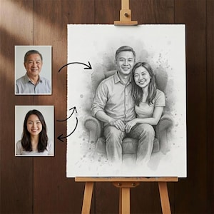 May include: A pencil sketch portrait of a couple seated in a chair, with two smaller photo portraits of individuals on the left. The sketch is on a white canvas, mounted on a wooden easel, against a dark wood background.