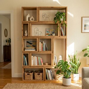 May include: A large, light-brown wooden bookshelf with multiple cubbyhole shelves. The shelves are filled with books, decorative vases, and potted plants. Two woven baskets sit at the bottom. The bookshelf is against a light-colored wall.