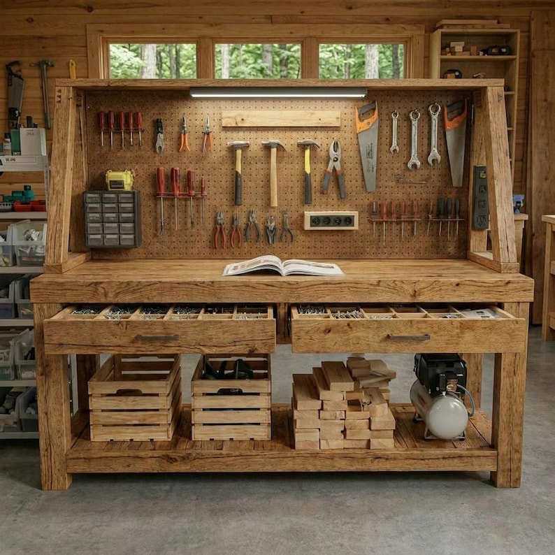 DIY DIY Workbench Plans | Mobile Heavy Duty Craft Table with Shelves, Pegboard (PDF Download) Woodworking Blueprint - Step-by-Step Plan thumbnail 2