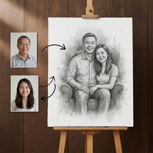 May include: A pencil sketch portrait of a couple seated in a chair, with two smaller photo portraits of the individuals on the left. The artwork is displayed on an easel against a wooden background. The sketch is in black and white.