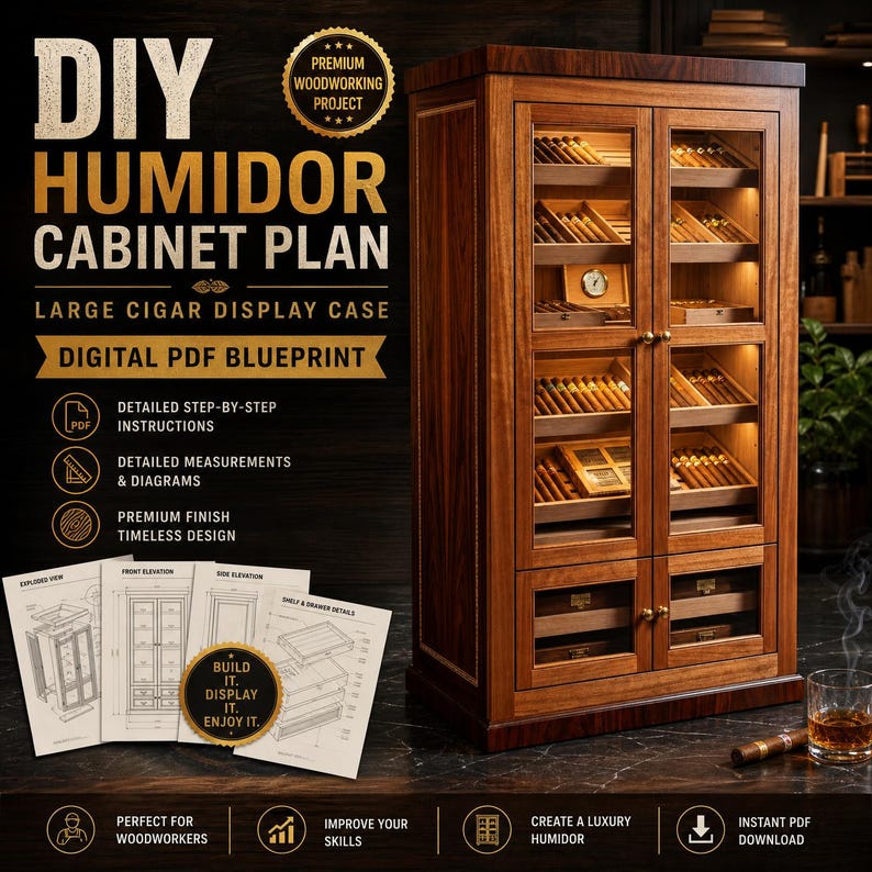 DIY Large Cigar Humidor Cabinet Plan | DIY Glass Door Display Case PDF | Woodworking Blueprint | Gift for Cigar Lovers Woodworking Blueprint - Step-by-Step Plan thumbnail 5