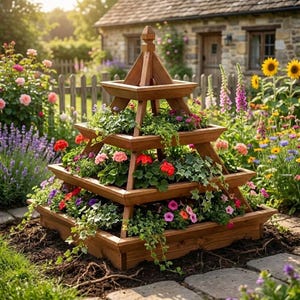 Peut inclure: Une jardinière en bois à trois niveaux avec un sommet en forme de pyramide, contenant divers feuillages verts et des fleurs colorées, notamment des fleurs rouges, roses et violettes, installée en extérieur sur un sol sombre.