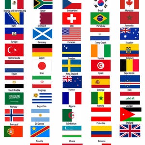 Pu&ograve; includere: Una griglia di bandiere nazionali disposte in colonne e righe, ognuna etichettata con il nome del paese corrispondente. Il titolo 'WORLD CUP 2026' &egrave; stampato in un carattere nero pixelato nella parte superiore centrale su sfondo bianco.