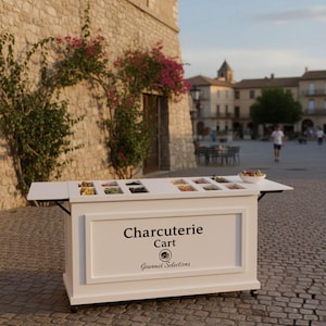 May include: A white charcuterie cart with a rectangular design, featuring multiple compartments filled with various food items. The cart has a black frame and wheels. The text "Charcuterie Cart" and "Gourmet Selections" are displayed on the front.