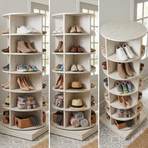 May include: A white, rotating shoe rack with multiple shelves, displaying various shoes, boots, and accessories. The rack is round with a distressed finish, and includes hats, blankets, and baskets. The rack is approximately 60 inches tall.