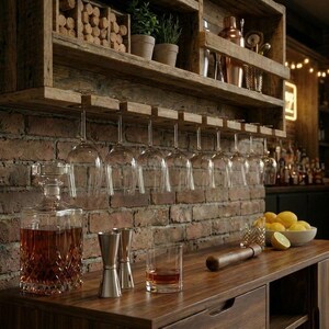 Puede incluir: Un bar en casa r&uacute;stico con una pared de ladrillo. Incluye una cristaler&iacute;a, una jarra, vasos, una coctelera y un estante para copas de vino. La barra est&aacute; abastecida con limones y otras herramientas de bar.