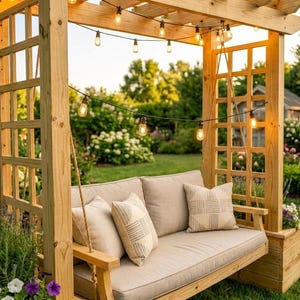 May include: A wooden pergola structure featuring a hanging bench seat with beige cushions and patterned throw pillows. The frame is decorated with hanging string lights that illuminate the seating area, which is set in an outdoor garden space.
