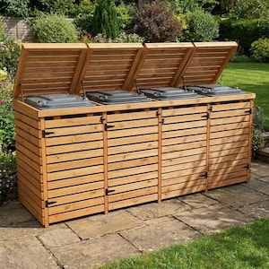 May include: A large, rectangular outdoor storage unit made of horizontal wooden slats, featuring four separate compartments with individual hinged lids. Each compartment contains a grey plastic bin, and the unit has black metal hinges.