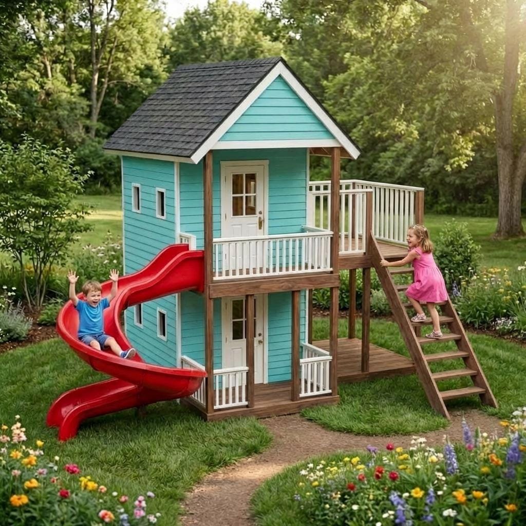 DIY Playhouse Plans: 2-Story Elevated Kids Clubhouse, Backyard Fort Playground (PDF Download)
