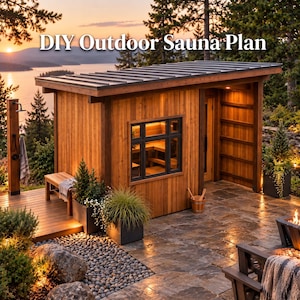 Può includere: Una struttura per sauna da esterno in legno con rivestimento in cedro verticale, tetto a falda in metallo scuro e un'ampia finestra che rivela le panche interne. Il testo 'DIY Outdoor Sauna Plan' è visualizzato in carattere serif bianco.