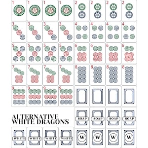 May include: A complete set of Mahjong tiles featuring a white background with colorful symbols and numbers. The set includes tiles with the text "ALTERNATIVE WHITE DRAGONS", "SOAP", "WHITE", and "W".