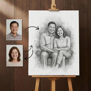 May include: A pencil sketch portrait of a smiling couple seated together, rendered in grayscale. The artwork is displayed on an easel, with two smaller photo portraits of the individuals on the left. The style is reminiscent of a classic portrait.
