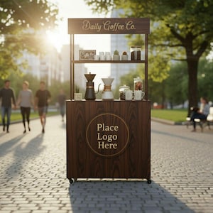 May include: A wooden coffee cart with the text "Daily Coffee Co." and "Place Logo Here." The cart has shelves with coffee-making equipment, jars, and mugs. The cart is on wheels and is set up outdoors.