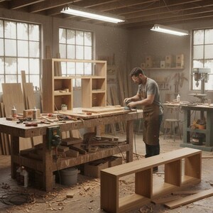May include: A woodworking shop with a craftsman sanding a wooden shelf. The shop is filled with tools, wood pieces, and a workbench. The shelf is made of light-colored wood and has multiple compartments.