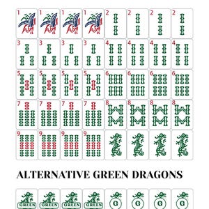 May include: A collection of white Mahjong tiles with various symbols and numbers in red, green, and blue. The text "ALTERNATIVE GREEN DRAGONS" is displayed below the tiles. The tiles feature dragons, bamboo, and other traditional designs.