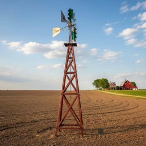 May include: A tall, weathered wooden windmill stands in a cultivated field under a blue sky with scattered clouds. The windmill has a red-brown tower and a metal fan with green and silver blades. A red barn and house are visible in the distance.