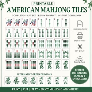 May include: Printable American Mahjong tiles set, featuring a complete 4-suit set. The tiles are ready to print and available for instant download. Includes alternative green dragon tiles. Perfect for Mahjong players and enthusiasts.