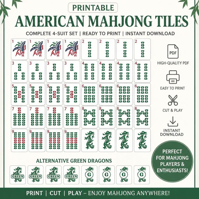 DIY Printable American Mahjong Tiles PDF | NMJL Practice Set Color & Black White | Digital Mah Jongg Tile Download | Bulk Cut Woodworking Blueprint - Step-by-Step Plan thumbnail 4