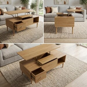 Puede incluir: Una mesa de centro de madera marr&oacute;n claro con tapa elevable, un caj&oacute;n y compartimentos de almacenamiento abiertos. La mesa tiene una tapa rectangular que se puede levantar. La mesa mide 122 cm de largo, 61 cm de ancho y 46 cm de alto.