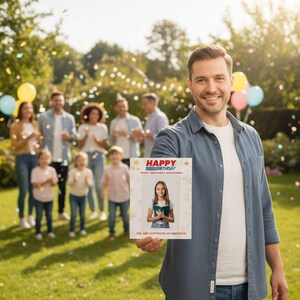 May include: A man holds a birthday invitation with the text "HAPPY BIRTHDAY" and "YOU ARE INVITED TO MY BIRTHDAY". The invitation features a photo of a girl holding a book. A group of people and balloons are in the background.