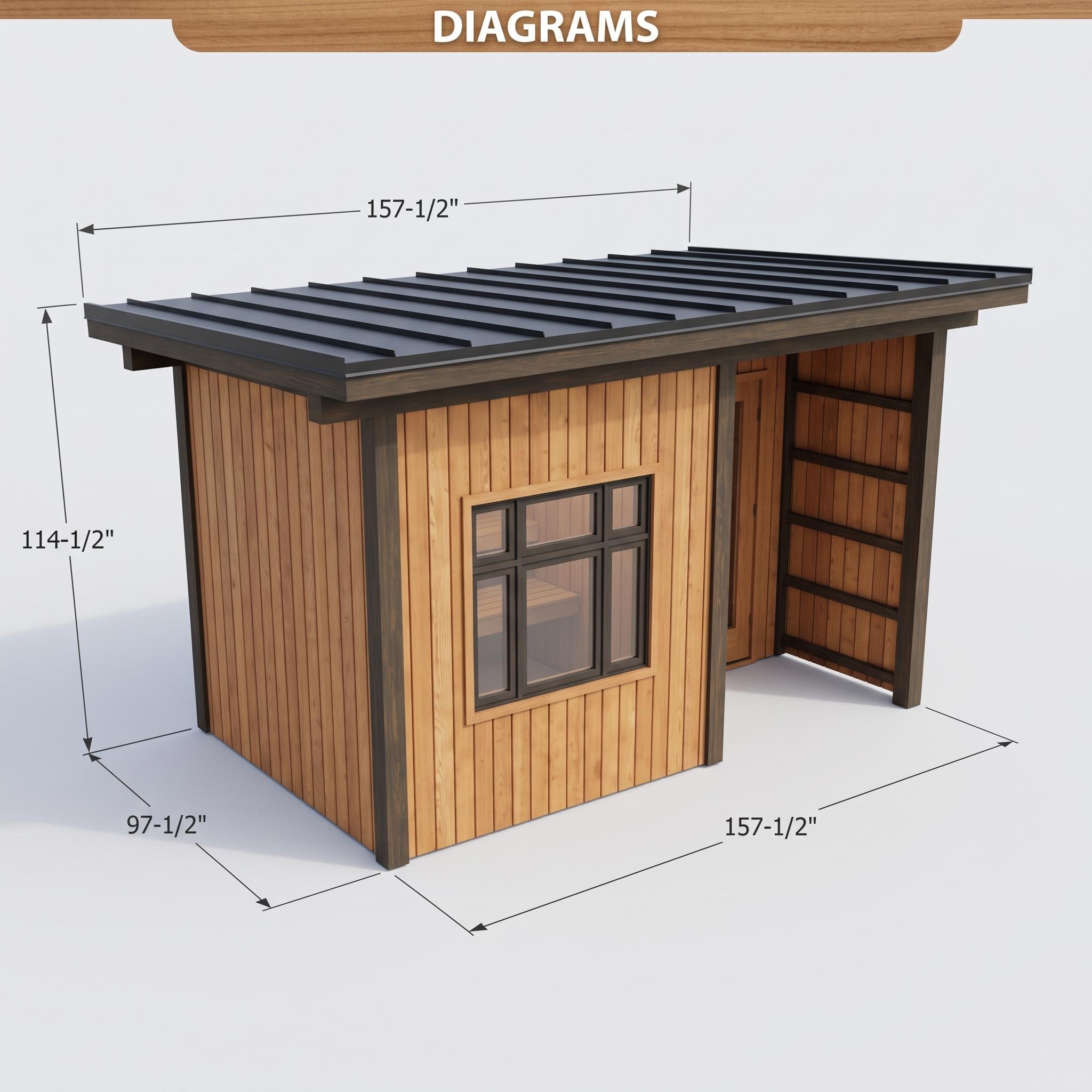 DIY Modern Outdoor Sauna Plans PDF | Backyard Blueprint With Window & Shower Porch | Digital Download — Step-by-step 3D assembly diagram