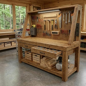 Op de afbeelding: Een grote, rustieke houten werkbank met een pegboard achterkant en ingebouwde verlichting. Gereedschap, waaronder hamers, zagen en sleutels, is netjes georganiseerd. De werkbank heeft laden en planken voor opslag.