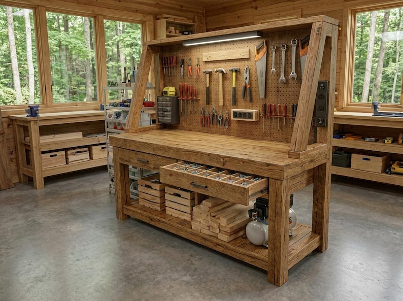 DIY DIY Workbench Plans | Mobile Heavy Duty Craft Table with Shelves, Pegboard (PDF Download) Woodworking Blueprint - Step-by-Step Plan thumbnail 5
