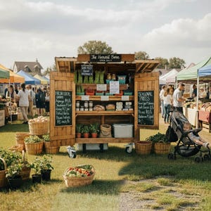 Puede incluir: Un puesto de granja de madera en un mercado al aire libre, que exhibe productos frescos. Cestas de verduras y plantas est&aacute;n al frente. El puesto tiene estantes con varios art&iacute;culos, incluyendo esp&aacute;rragos, pan y frascos de conservas. Un letrero dice "The Harvest Barn".