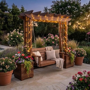Puede incluir: Un columpio de madera con p&eacute;rgola, adornado con luces de cadena, est&aacute; rodeado de flores en macetas y exuberante vegetaci&oacute;n. Cojines beige y una manta descansan sobre el columpio. La escena se desarrolla en un patio de piedra.