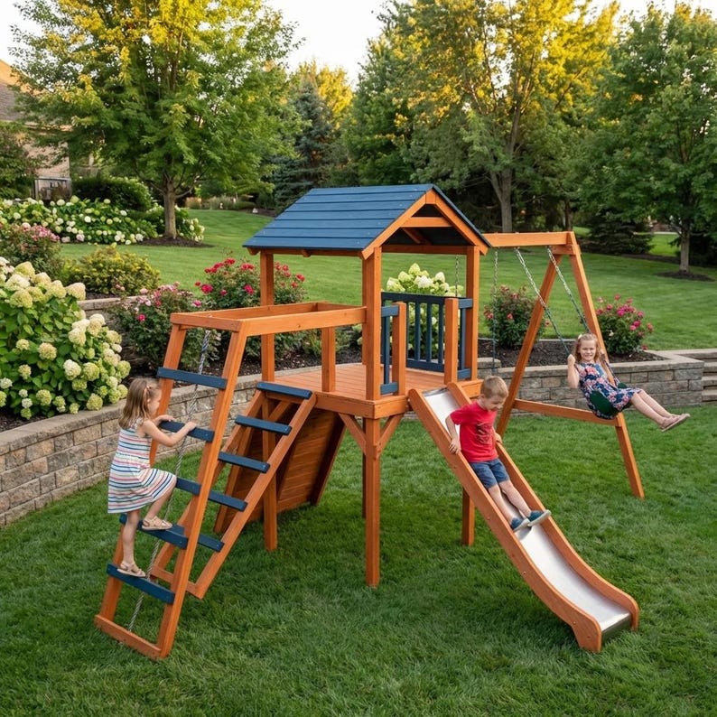 DIY DIY Wooden Playhouse Plans with Slide and Swings | Backyard Kids Playground | Step-by-Step PDF Woodworking Blueprint - Step-by-Step Plan thumbnail 3
