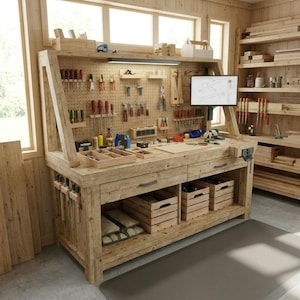 May include: A wooden workbench with a pegboard back, filled with tools. The workbench has drawers and storage crates below. A computer monitor is mounted on the workbench. The room has wooden walls and shelves.