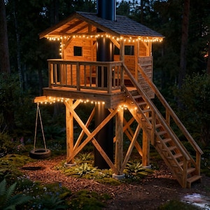 Op de afbeelding: Een houten boomhut met een klein balkon, ladder en bandenschommel, verlicht door lichtslingers. De boomhut staat in een bos in de schemering, met een donkere lucht en weelderig groen.