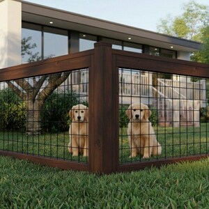 May include: Two golden retriever puppies sit behind a dark brown wooden fence with black wire mesh. The fence is in a grassy garden in front of a modern house with large windows. The dogs are looking at the camera.