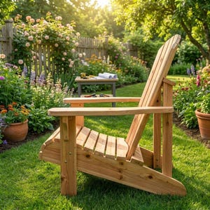K&ouml;nnte beinhalten: Ein h&ouml;lzerner Adirondack-Stuhl steht auf einem gr&uuml;nen Rasen in einem sonnigen Garten. Der Stuhl ist aus hellem Holz gefertigt und hat eine Sitzfl&auml;che mit Lamellen und eine hohe R&uuml;ckenlehne. Der Stuhl ist von Blumen und Gr&uuml;n umgeben.