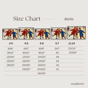 May include: A size chart for prints, featuring various aspect ratios and dimensions in inches. The chart includes sizes like 6x8", 9x12", and 12x16", with corresponding aspect ratios. The image also shows a winter scene with children.
