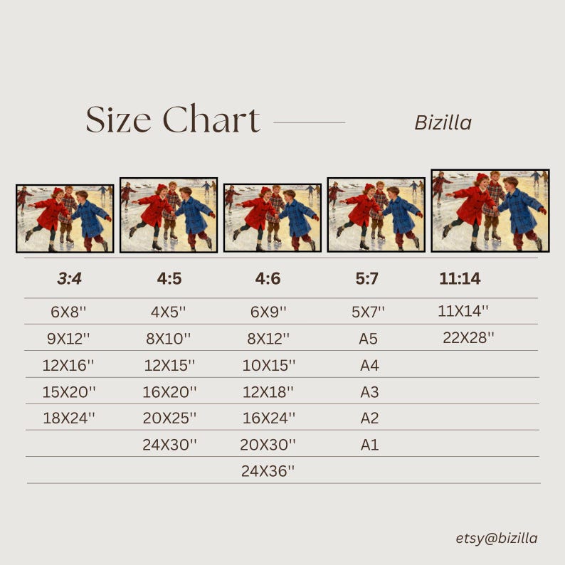 May include: A size chart for prints, featuring various aspect ratios and dimensions in inches. The chart includes sizes like 6x8", 9x12", and 12x16", with corresponding aspect ratios. The image also shows a winter scene with children.