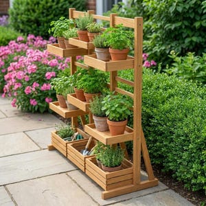 Op de afbeelding: Een houten plantenstandaard met meerdere planken en dozen, gevuld met diverse kruiden in potten. De standaard is gemaakt van lichtgekleurd hout en staat buiten, omringd door groen en roze bloemen. De standaard is ongeveer 152 cm hoog.