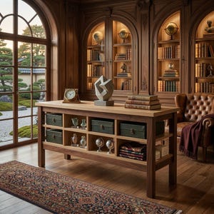 May include: A traditional library interior with wooden paneling, a large desk, and bookshelves. The desk displays a clock, sculpture, and storage boxes. Bookshelves are filled with books and globes. A patterned rug and leather armchair add to the classic aesthetic.