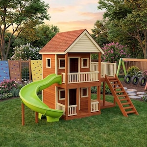 May include: A two-story wooden playhouse with a green slide, a wooden staircase, and a small balcony. The playhouse has a brown roof and is surrounded by a green lawn and trees. A swing set with tires is visible in the background.