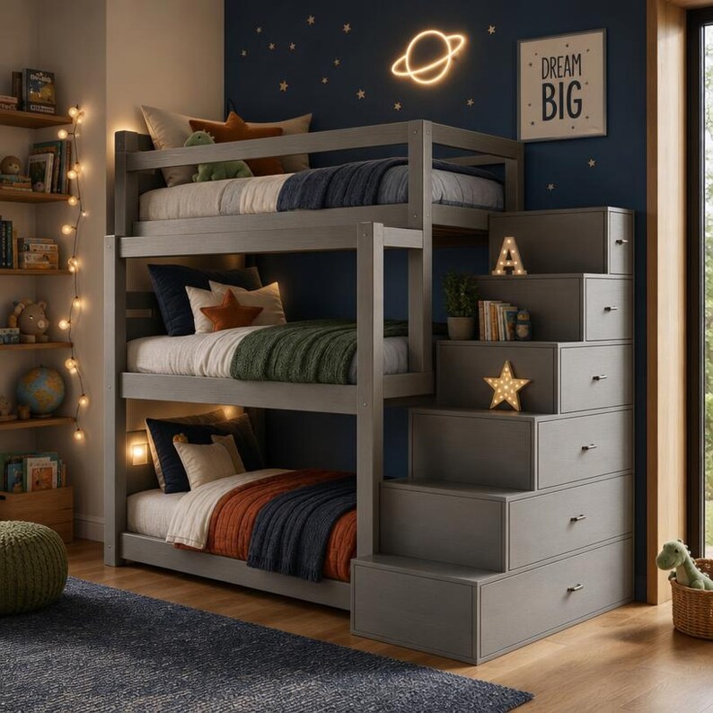 DIY DIY Triple Bunk Bed Plans PDF, 3 Tier Bunk Bed with Storage Stairs, Wooden Loft Bed Blueprint for Kids & Adults, Digital Download Woodworking Blueprint - Step-by-Step Plan thumbnail 3